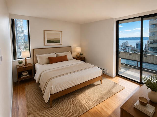 Primary bedroom, staged